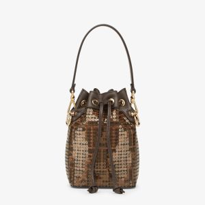 Fendi Mini Mon Tresor Bucket Bag In FF Jacquard Fabric with Sequins Brown