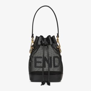 Fendi Mini Mon Tresor Bucket Bag In FENDI ROMA Lettering Mesh Black