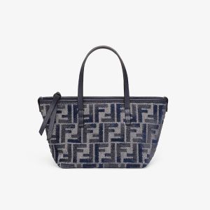 Fendi Mini Roll Shopper Bag FF Embroidery Chenille Dark Blue