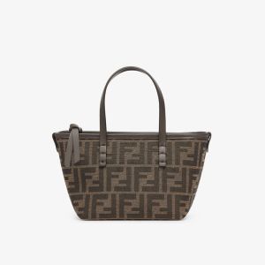 Fendi Mini Roll Shopper Bag FF Jacquard Fabric Brown