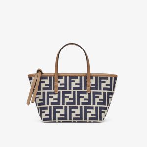 Fendi Mini Roll Shopper Bag FF Jacquard Fabric Navy Blue