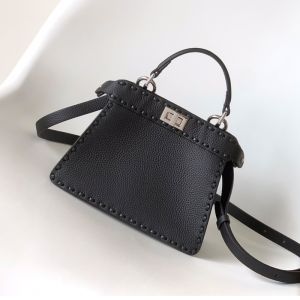 Fendi Petite Peekaboo ISeeU Selleria Bag In Cuoio Romano Leather with Topstitches Black