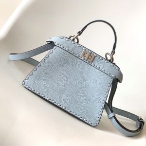 Fendi Petite Peekaboo ISeeU Selleria Bag In Cuoio Romano Leather with Topstitches Sky Blue