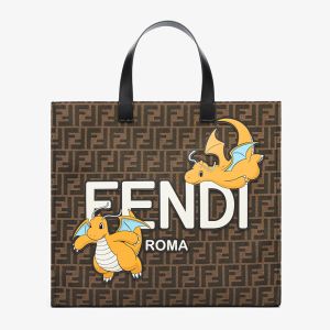 Fendi Shopper Bag In Pokemon Dragonite Motif FF Jacquard Fabric Brown/Yellow