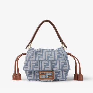 Fendi Small Mamma Baguette Bag In FF Jacquard Denim Blue/Brown