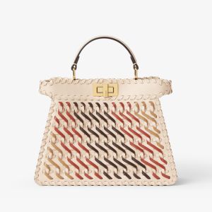 Fendi Small Peekaboo ISeeU Bag In Calfskin with Multicolor Woven Leather and Suede Beige