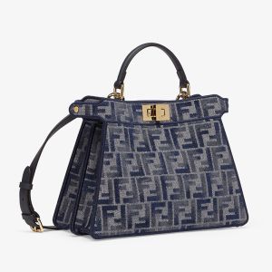 Fendi Small Peekaboo ISeeU Bag FF Embroidery Chenille Dark Blue
