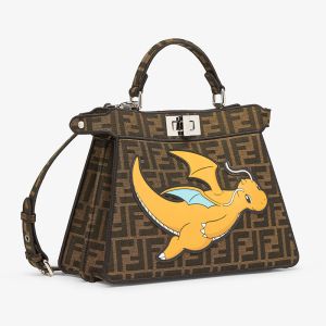Fendi Small Peekaboo ISeeU Bag FF Jacquard Fabric with Pokemon Dragon Motif Brown/Yellow