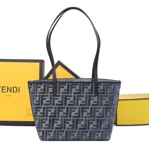 Fendi Small Roll Shopper Bag In FF Motif Chenille Dark Blue