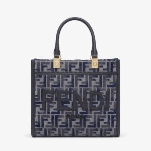 Fendi Small Sunshine Shopper Bag ROMA Logo FF Embroidery Chenille Dark Blue