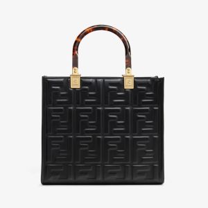 Fendi Small Sunshine Shopper Bag In FF Embossed Calfskin Black