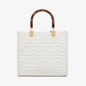 Fendi Small Sunshine Shopper Bag In FF Embossed Calfskin White