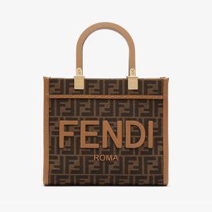 Fendi Small Sunshine Shopper Bag In FENDI ROMA Lettering FF Jacquard Fabric Brown