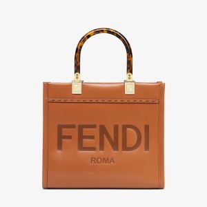 Fendi Small Sunshine Shopper Bag In Calfskin with Fendi ROMA Stamped Brown